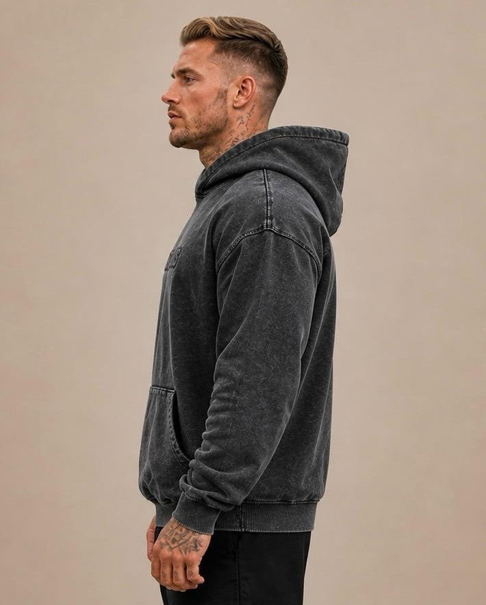 Acid Wash ATHL Club Embossed Hoodie - BLACK
